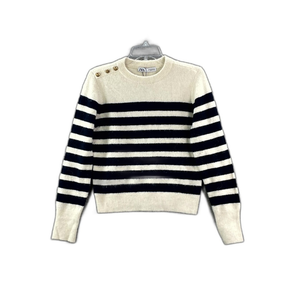 Zara Knit‎ Sweater Womens M Beige Blue Striped Shoulder Buttons Academia Corpore